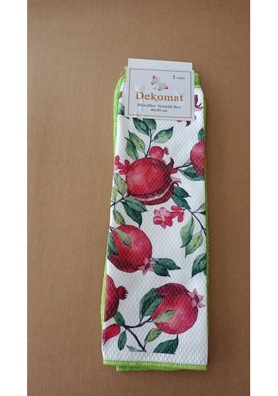 Microfiber Temizlik Bezi 40x50 Cm 2 Adet Nar Çiçeği Bir Adet Baskılı Bir Adet Naturel Yeşil