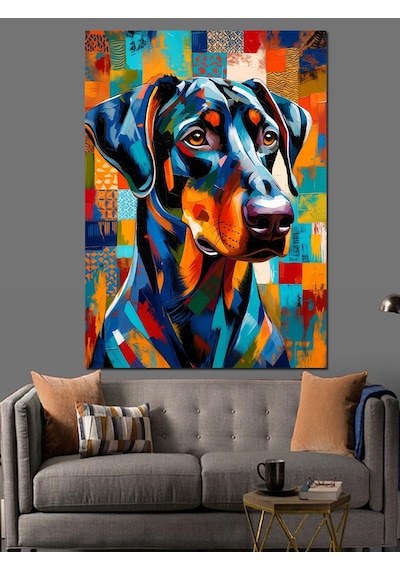 Ahşap Tablo Renkli Geometrik Doberman Köpek Portresi