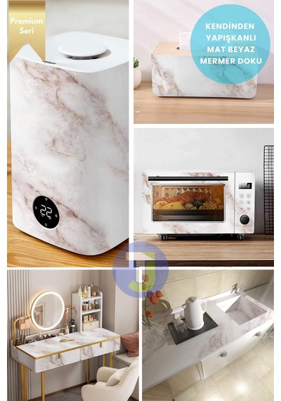 Technojet Kendinden Yapışkanlı Mermer Desen Folyo Mutfak Banyo Tezgah Duvar Kaplama 60cmx100cm Beyaz2