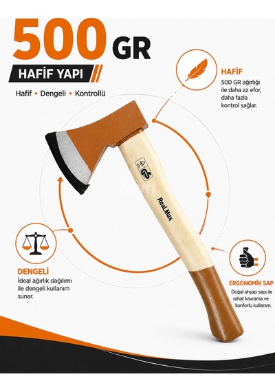 500 Gr Ahşap Saplı Balta Kamp Bahçe Odun Kesme Ve Budama Baltası