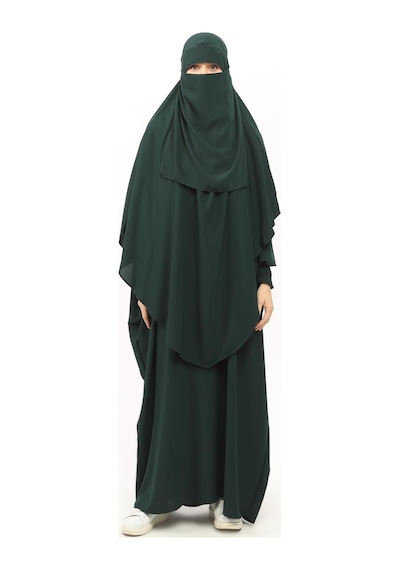 Altobeh Sultanbaş Nikaplı Çarşaf Cilbab Khimar Abaya Kolu Lastikli Hakim Yaka Peçeli Ferace Medine İpek Zümrüt Yeşili 1412-106-s-m Zümrüt