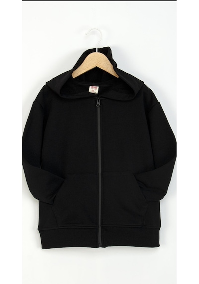 Çocuk 3 İplik Şardonsuz Kapüşonlu Fermuarlı Sweatshirt Günlük Rahat Hırka-4013 Siyah