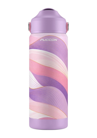 Puccon 540 Ml Dalga Desenli Lila Kız Çocuk Pipetli Çelik Termos Matara/suluk - 60056