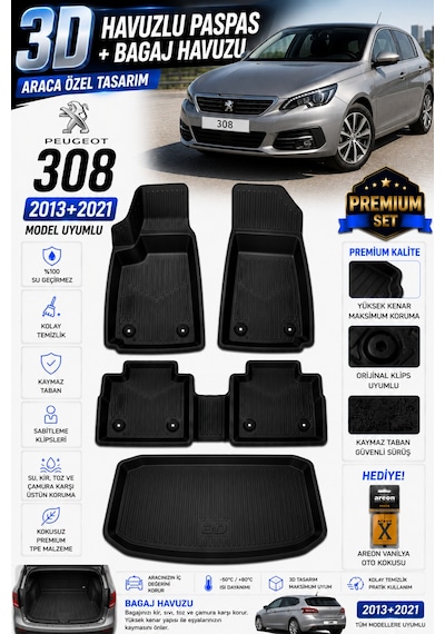 Peugeot 308 2017 Model Uyumlu 3d Araca Özel Havuzlu Paspas+bagaj Havuzu Birebir Uyum