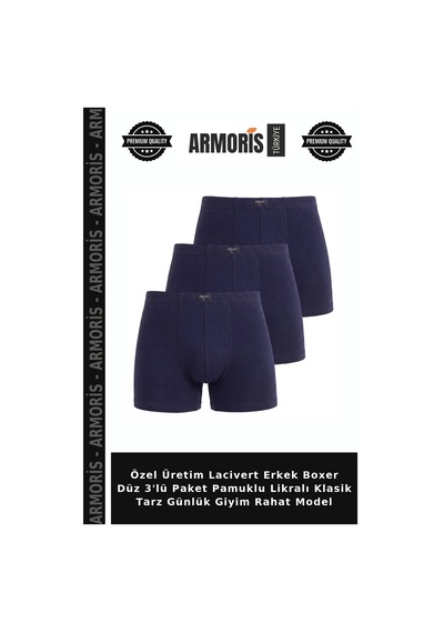 Armoris Özel Üretim Lacivert Erkek Boxer Düz 3'lü Paket Pamuklu Likralı Klasik Tarz Günlük Giyim Rahat Model
