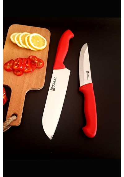 Sürlaz Red Santoku Şef Bıçak Seti Mutfak Bıçağı 2'li Çok Renkli