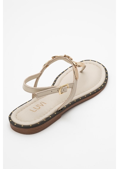 Luvishoes Luvi Shoes Marea Bej Hakiki Deri Parmak Arası Gold Tokalı Kadın Sandalet Bej