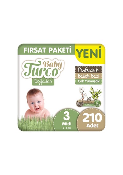 Baby Turco Doğadan 3 Beden Pofuduk Bebek Bezi Fırsat Paketi 42x5 210 Adet 3 Numara