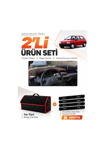 E-biz Renault Clıo 1 1990-1998 Uyumlu Torpido Örtüsü + Tay Tüyü Çanta - Siyah-kırmızı - Re006