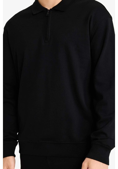 Defacto Regular Fit Polo Yaka Yarım Fermuarlı Sweatshirt F2254ax25wnbk81 Siyah-bk81