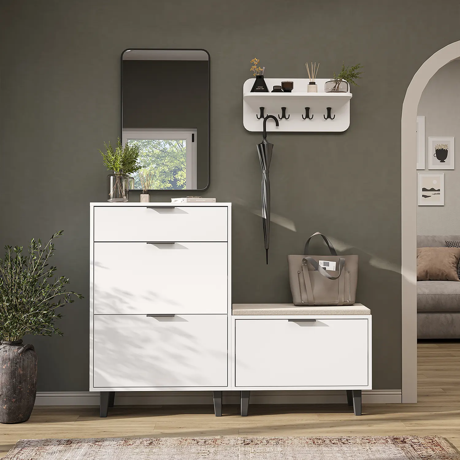 Nord Vestiyer Takımı Kapaklı Askılıklı Ayakkabılık Dolabı, Bench, Modüler, Aynalı Portmanto Takımı Beyaz Nord Vestiyer Takımı Kapaklı Askılıklı Ayakkabılık Dolabı, Bench, Modüler, Aynalı Portmanto Takımı Beyaz