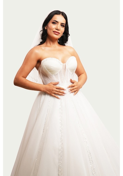 Canım Kendim Store İnci Beyazı Drape - Transparan Detaylı Helen Model Gelinlik Beyaz