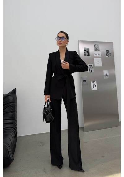 Msm Fashion Kadın İkili Kuşaklı Blazer Ceket Pantolon Takım Siyah