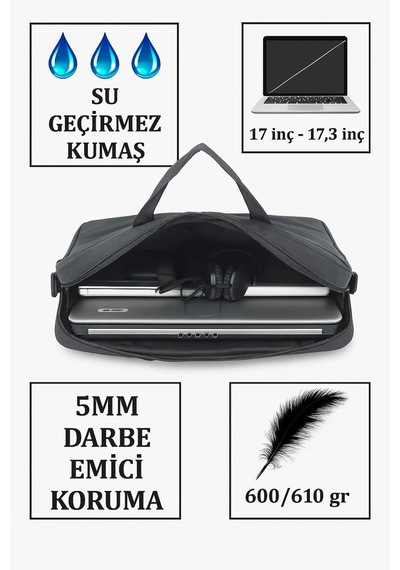 Laptop Çantası Bilgisayar 17''inç Omuz Askılı Siyah Siyah