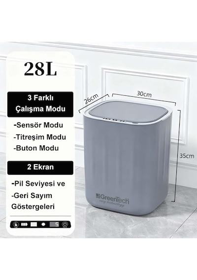 Greentech Sensörlü 28 Litre Çöp Kovası Şarj Edilebilir Lityum Pilli / Gt-sc07b Çok Renkli