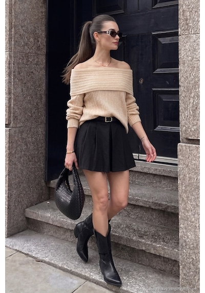 Lela Oversize Fit Madonna Yaka Triko Bayan Kazak 4615216 Bej