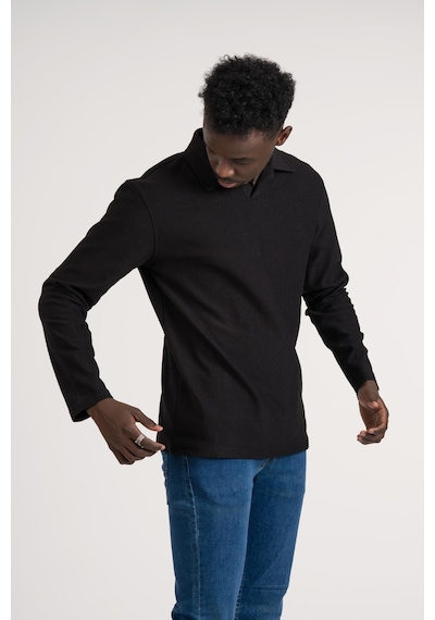 Gömlek Yaka Hafif Armürlü Slimfit Uzun Kol Sweatshirt Siyah