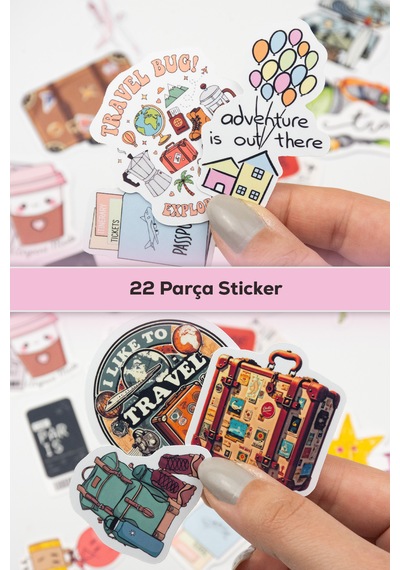 Seyahat Temalı Sticker Paketi 22 Parça Kaliteli Su Geçirmez Travel Etiket Seti Çok Renkli
