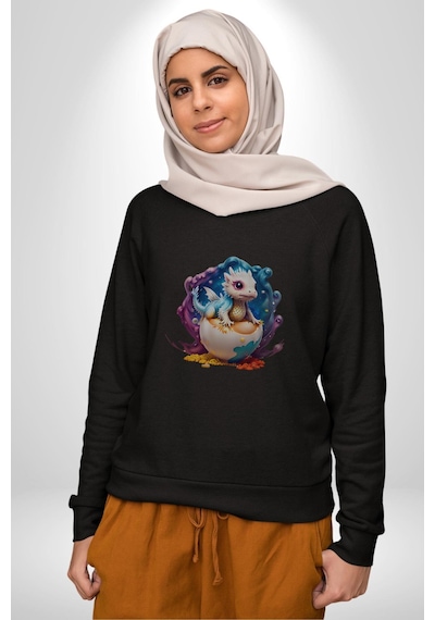 Sevimli Bebek Ejderha Elmas Yumurta Unisex Siyah Baskılı Sweatshirt Siyah