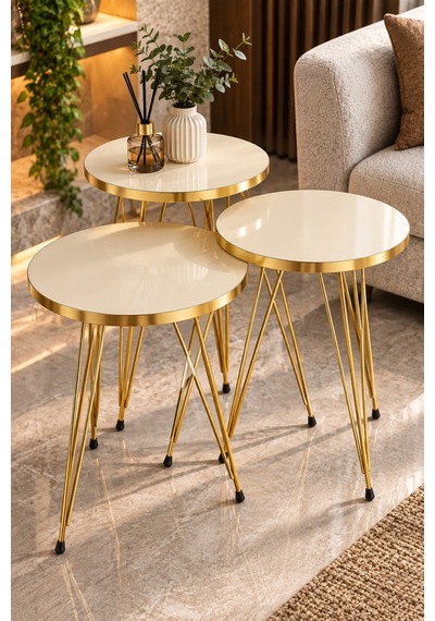 Sulorahome Gold Krem Zigon Sehpa Seti Sehpalar Krem Ayakları Gold