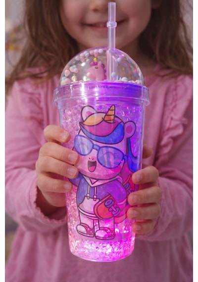 Renkli Boncuklu Sevimli Unicorn Tasarımlı 450 Ml Led Işıklı Pipetli İçecek Bardağı Suluk Mor 2646