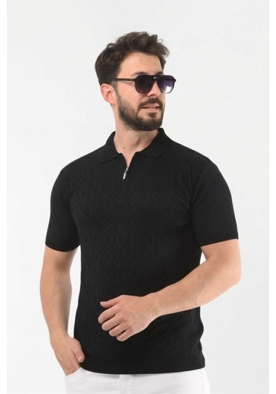Onno Pamuklu Fermuarlı Desenli Triko Tshirt Siyah