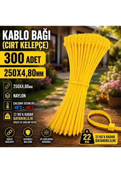 250x4,80mm Kablo Bağı Cırt Kelepçe Sarı 300 Adet