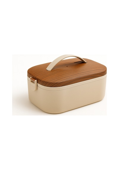 Lunchee - Çelik Bölmeli Sızdırmaz Ahşap Görünümlü Vakum Kapaklı Yemek Kabı Lunchbox 650 Ml Gri