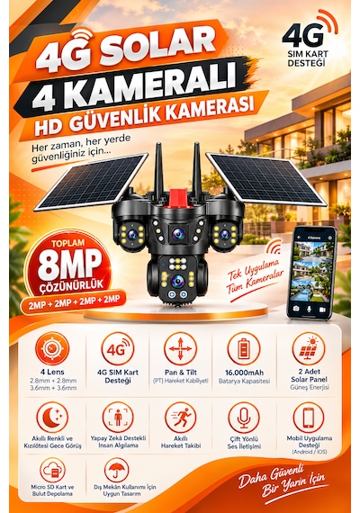 Linadex Lx-4480 4g Solar 4 Kameralı Hd Güvenlik Kamerası-çift Solar