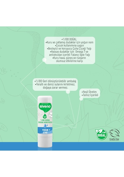 Siveno %100 Doğal Dudak Koruyucu Yoğun Etki Bitkisel Lip Balm Krem Nemlendirici Parlatıcı Onarıcı 6 G