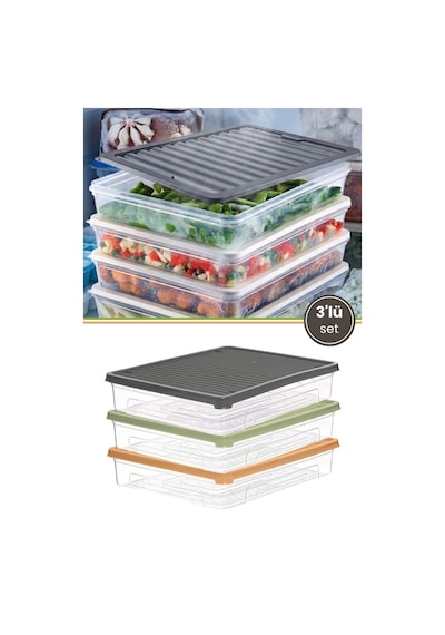 3 Lü Geniş Buzdolabı Düzenleyici Set, Buzluk Derin Dondurucu Buzdolabı İnce Saklama Kabı 3x3100ml Çok Renkli