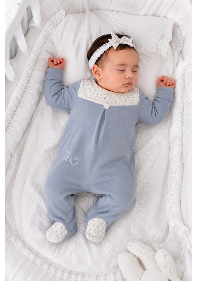 Babyhola Tavşan Desenli %100 Pamuk Modal Patikli Bebek Tulumu 15232 Gri