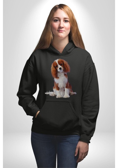 Cavalier King Charles Spaniel Kadın Erkek Siyah Kapüşonlu Sweatshirt Hoodie Siyah