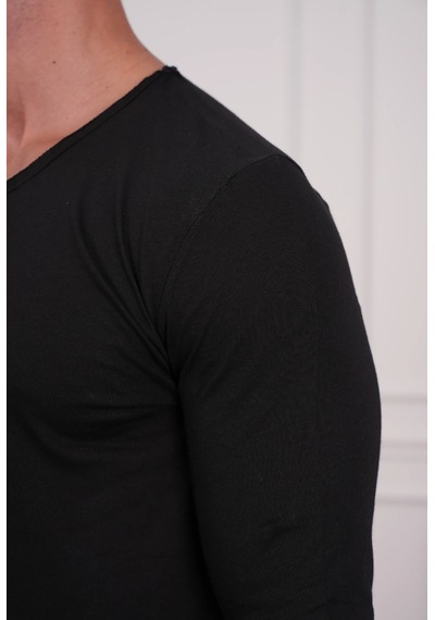 Modefendi Slim Fit Oval Kesim Uzun Kollu Pamuk Basic Tshırt Siyah