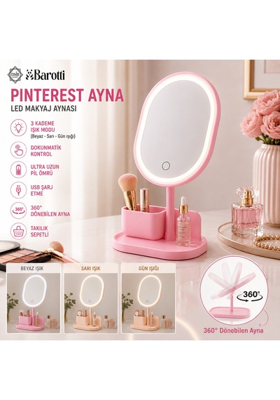 Yuvarlak- Düz Kenar 7 İnç Ledli - Usb Şarjlı Makyaj Aynası 90 Takılıklı Ayakr.pls 17.5cm 5523 Açık Gold