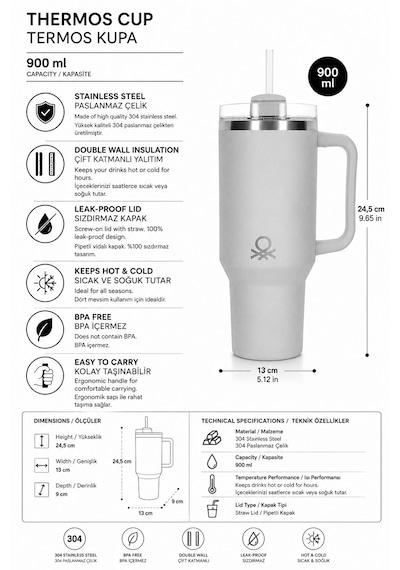 Benetton Paslanmaz Çelik Termos Be-kct100-mb Mavi Pipetli / Kulplu Spor Ve Araç İçi Termos 900 Ml Açık Mavi
