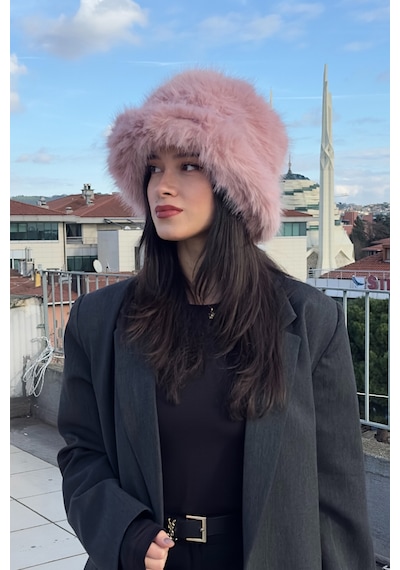 Mollycrush Suni Kürk Bucket Kalpak Şapka Pembe