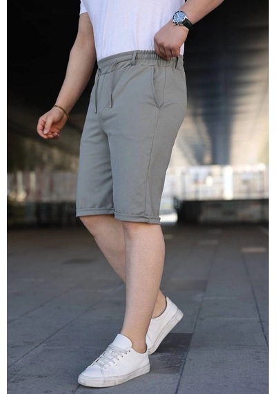 Erkek Diagonel Kumaş Duble Paça Cepli Bağcıklı Bel Lastikli Şort - Mint Yeşili
