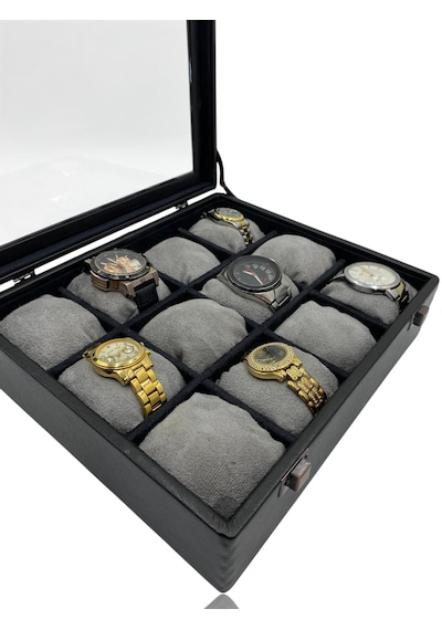 Diji 12'li Saat Kutusu Saat Çantası Siyah İçi Siyah Gri Yastıklı