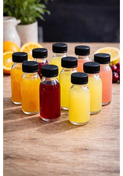 10 Adet 60 Ml Kilitli Siyah Kapaklı Şeffaf Detox Shot Şişesi 60 Cc Ginger Şat Beyaz Cam Şişe