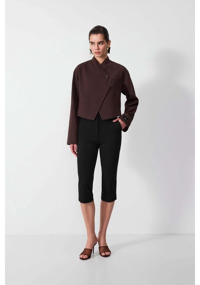 Vatkalı Diagonal Crop Blazer Ceket-16645 Kahverengi
