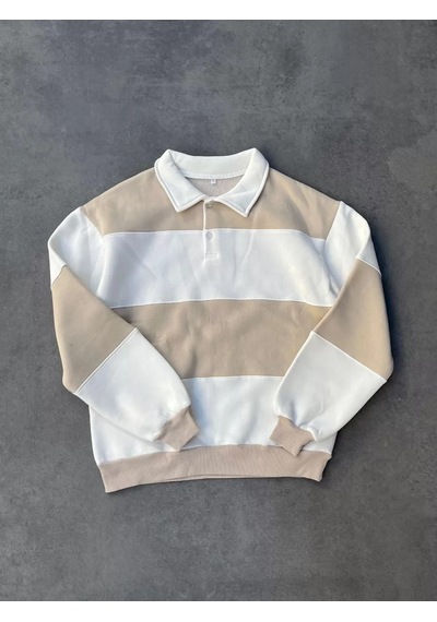 Unisex Üç İplik Parçalı Yakalı Sweatshirt - Bej 001