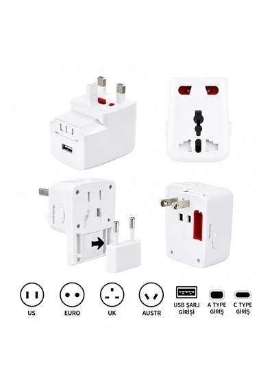 Universal Dünya Priz Dönüştürücü Seyahat Adaptörü Usb Şarj Girişli 150+ Ülke Uyumlu Çok Fonksiyonlu Adaptör