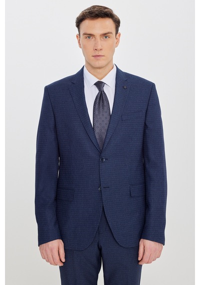 Erkek Lacı Mavı Slim Fit Dar Kesim Mono Yaka Desenli Takım Elbise Lacı Mavı