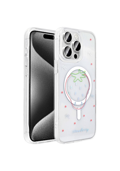 Techaks Apple Uyumlu iPhone 15 Pro Max Kılıf M-safe Şarj Özellikli Şeffaf Zore Folk Sert Kapak - Çilek Beyaz