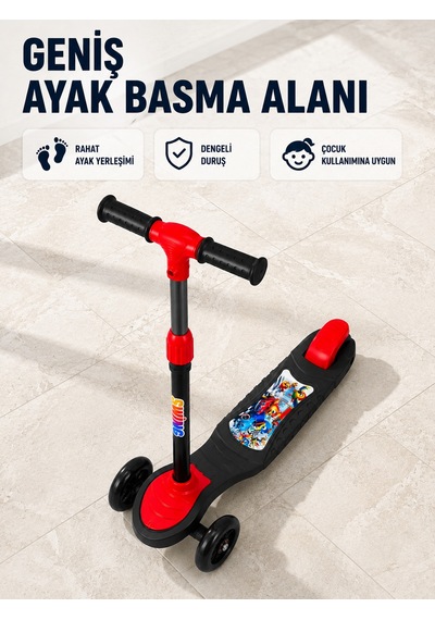 Çocuklar İçin 3 Tekerlekli Scooter Ayarlanabilir Gidonlu Eğlenceli Sürüş Aracı - Lisinya Kırmızı
