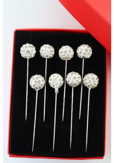 Numetal 8 Li Beyaz Taşlı Eşarp İğnesi. Şal İğnesi. Türban İğnesi. Başörtü İğnesi. Eşarp Ve Şal İğnesi. Gümüş
