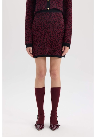 DeFacto A Kesim Leopar Desenli Mini Triko Etek D8516AX24WNBR115 Bordo