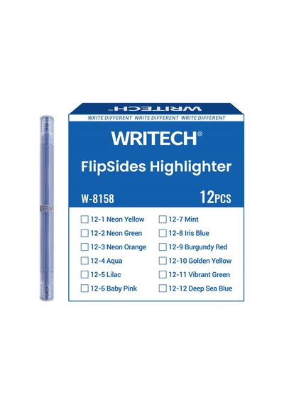 Wrıtech W-8158 Flıpsıde Fosforlu Kalem Çift Taraflı Irıs Mavisi - 12'li Kutu Beyaz - Gümüş