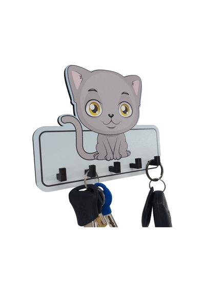 CajuArt Dekoratif Gri Sevimli Kedi Ahşap Anahtarlık Hol Askılık Diğer